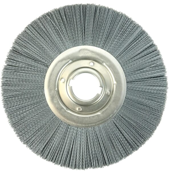 Nylox 83717 Composite Wheel Brush, 12 in Dia Brush, 1-1/4 in W Face, 0.04 in Dia Crimped/Round Filament/Wire, 2 in Arbor Hole