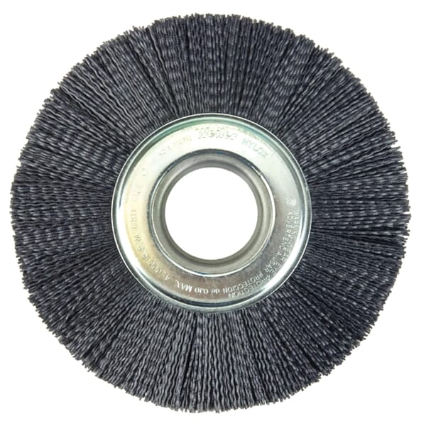 Nylox Burr-Rx 86128 Composite Wheel Brush, 8 in Dia Brush, 7/8 in W Face, 0.055 in Dia Crimped/Round Filament/Wire, 2 in Arbor Hole