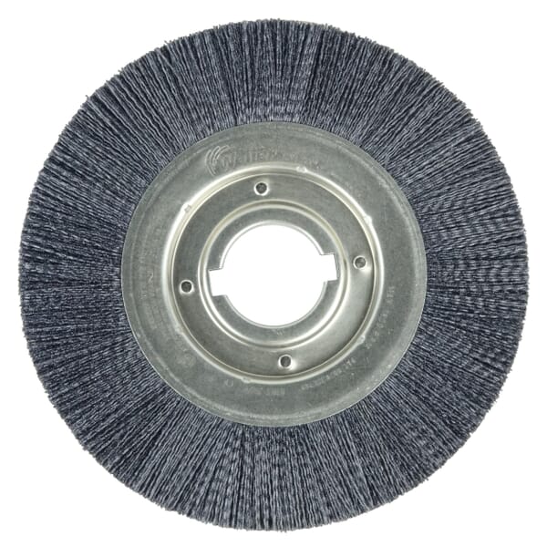 Nylox Burr-Rx 86130 Composite Wheel Brush With (2) 1/2 x 1/4 in Keyways, 10 in Dia Brush, 1-1/8 in W Face, 0.043 in Dia Crimped/Round Filament/Wire, 2 in Arbor Hole