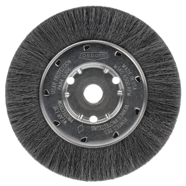 Osborn 21592 Narrow Face Wheel Brush, 4 in Dia Brush, 5/8 in W Face, 0.0104 in Dia Crimped Filament/Wire, 5/8 in Arbor Hole