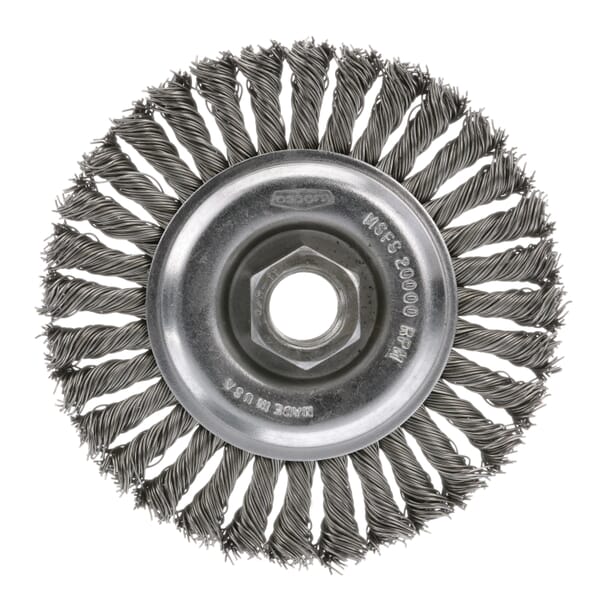 Osborn 26017 Wheel Brush, 4 in Dia Brush, 5/16 in W Face, 0.014 in Dia Standard/Twist Knot Filament/Wire, 3/8 in Arbor Hole