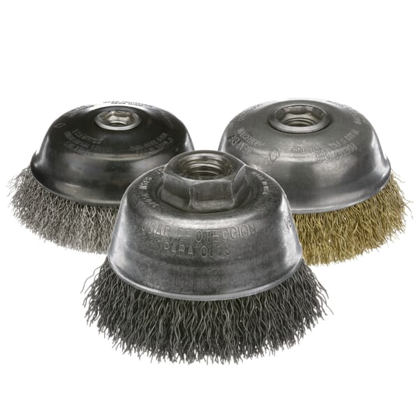 Osborn 0003213600 Cup Brush With Nut, 6 in Dia Brush, 5/8-11 Arbor Hole, 0.02 in Dia Filament/Wire, Crimped, Steel Fill