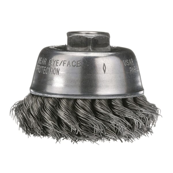 Osborn 0003300000 Heavy Duty High Speed Cup Brush With Nut, 3-1/2 in Dia Brush, 5/8-11 UNC Arbor Hole, 0.02 in Dia Filament/Wire, Partial Twist Knot, Steel Fill