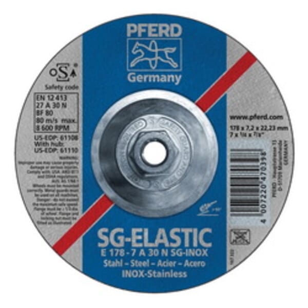 PFERD 69901188 Performance Line SG Depressed Center Wheel, 7 in Dia x 1/4 in THK, 30 Grit, Aluminum Oxide Abrasive