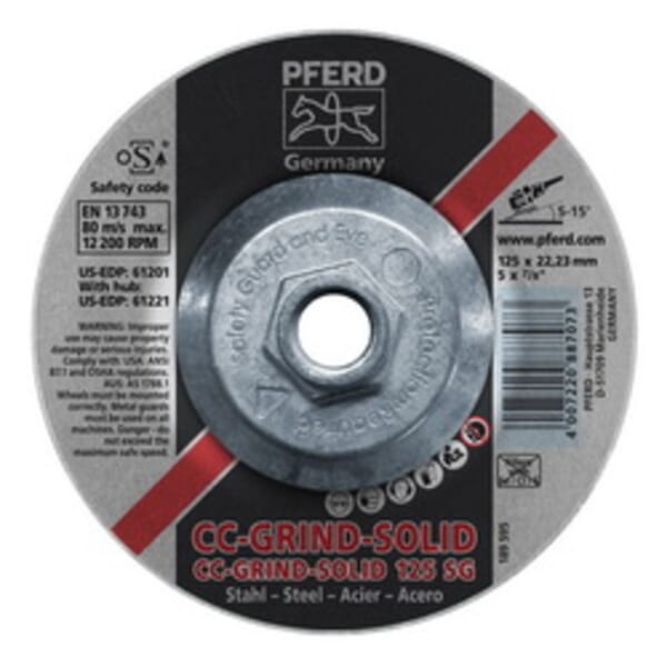 PFERD CC-GRIND-SOLID Performance Line SG 61221 Threaded Coated Abrasive Disc, 5 in Dia