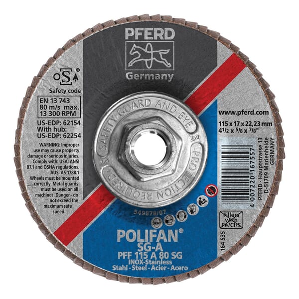 PFERD Polifan 69300492 Performance Line SG A Threaded Coated Abrasive Flap Disc, 4-1/2 in Dia, 80 Grit, Aluminum Oxide Abrasive, Type 27 Flat Disc