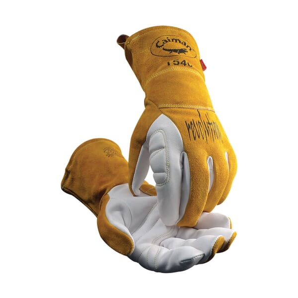Caiman Premium-Grade Industrial Welding Gloves, S, Grain Goatskin/Split Cowhide Leather/Kevlar Stitching, Gold/White, Unlined Lining, Gauntlet Cuff