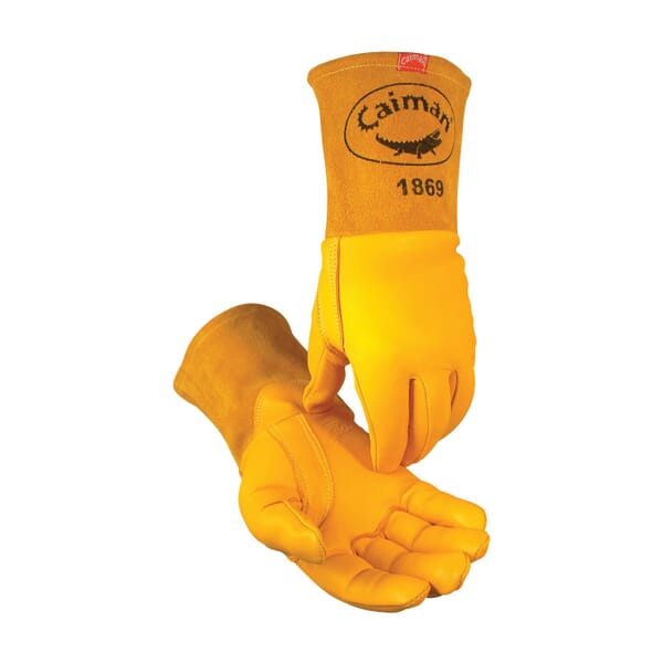 Caiman Premium-Grade Industrial Welding Gloves, L, Grain Goatskin Leather/Kevlar Stitching, Gold, Unlined Lining, Safety Cuff