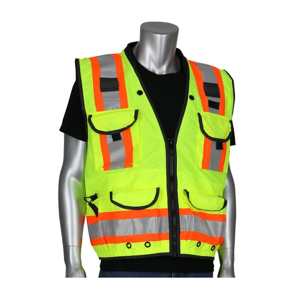 PIP 2-Tone High Visibility Tech-Ready Surveyors Vest With Mesh Back, Hi-Viz Yellow, Polyester, Zipper Closure, 15 Pockets, ANSI Class: Class 2, ANSI 107 Class 2 Type R2