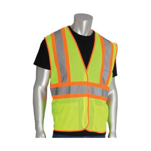 PIP 2-Tone Safety Vest, Hi-Viz Lime Yellow, Polyester, Hook and Loop Closure, 3 Pockets, ANSI Class: Class 2, Specifications Met: ANSI Specified