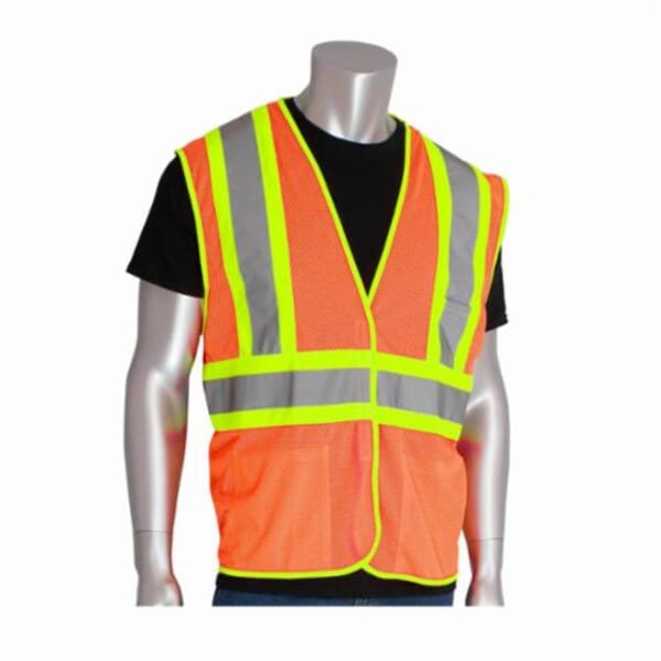 PIP 302-MVATOR-5X 2-Tone Safety Vest, 5XL, Hi-Viz Orange, Polyester, Hook and Loop Closure, 3 Pockets, ANSI Class: Class 2, Specifications Met: ANSI Specified