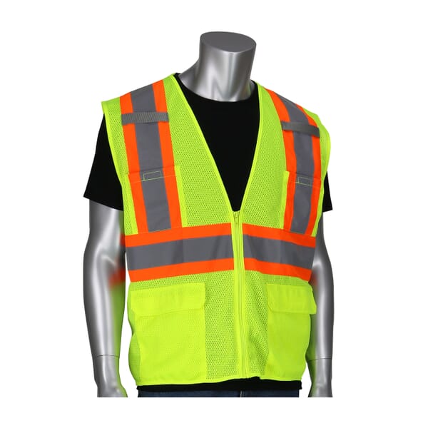 PIP 2-Tone High Visibility Safety Vest, S, Hi-Viz Yellow, Polyester Mesh, Zipper Closure, 6 Pockets, ANSI Class: Class 2, ANSI 107 Class 2 Type R2