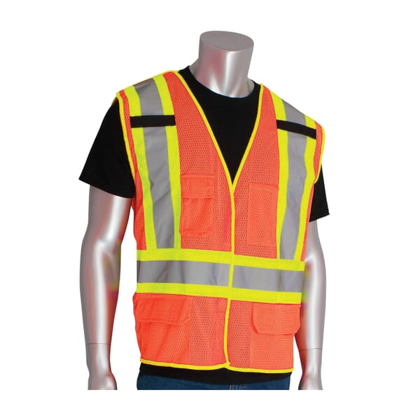 PIP 302-0212-OR/L 2-Tone Safety Vest, L, Hi-Viz Orange, Polyester, Hook and Loop Closure, 5 Pockets, ANSI Class: Class 2, Specifications Met: ANSI 107 Type R