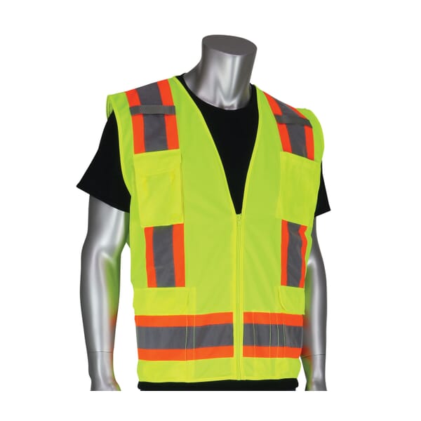 PIP 302-0500-YEL/6X 2-Tone Surveyor Safety Vest, 6XL, Hi-Viz Lime Yellow, Polyester/Solid Tricot, Zipper Closure, 11 Pockets, ANSI Class: Class 2, Specifications Met: ANSI 107 Type R
