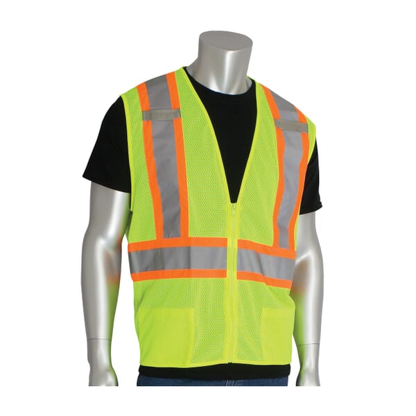 PIP 2-Tone Safety Access Vest With "D" Ring Access, S, Hi-Viz Lime Yellow, Polyester, Zipper Closure, 2 Pockets, ANSI Class: Class 2, Specifications Met: ANSI 107 Type R