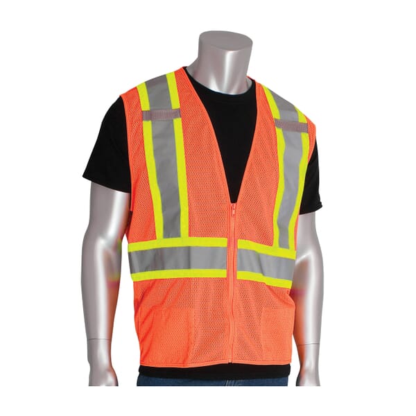 PIP 2-Tone Safety Access Vest With "D" Ring Access, Hi-Viz Orange, Polyester, Zipper Closure, 2 Pockets, ANSI Class: Class 2, Specifications Met: ANSI 107 Type R