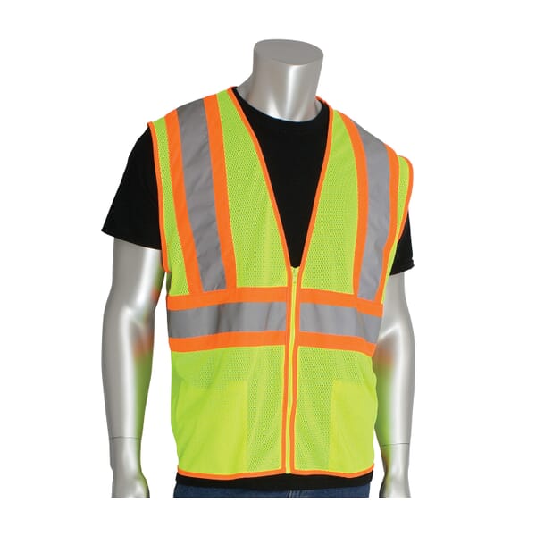 PIP 2-Tone Safety Vest, Hi-Viz Lime Yellow, Polyester Mesh, Zipper Closure, 2 Pockets, ANSI Class: Class 2, Specifications Met: ANSI 107 Type R