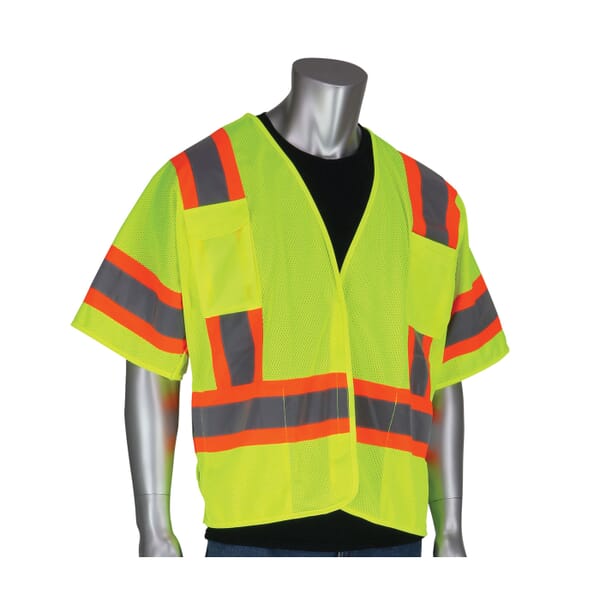 PIP 2-Tone Safety Vest, Hi-Viz Lime Yellow, Polyester Mesh, Hook and Loop Closure, 4 Pockets, ANSI Class: Class 3, Specifications Met: ANSI 107 Type R