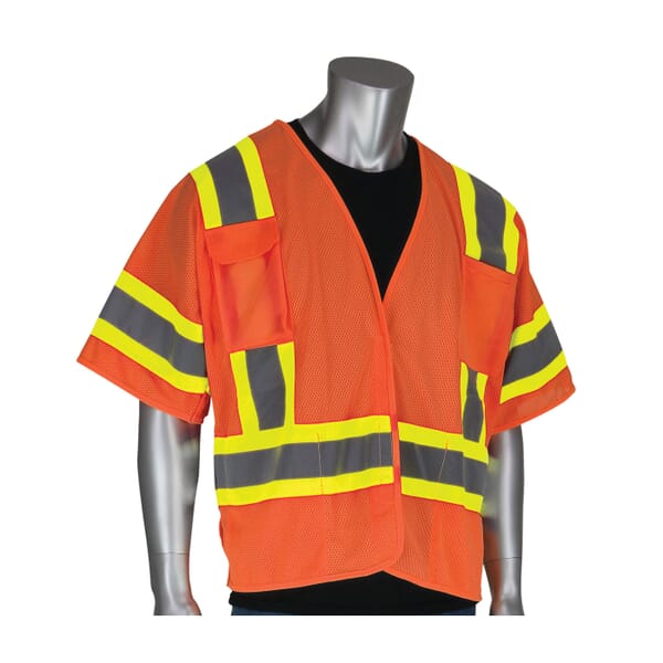 PIP 2-Tone Safety Vest, Hi-Viz Orange, Polyester Mesh, Hook and Loop Closure, 4 Pockets, ANSI Class: Class 3, Specifications Met: ANSI 107 Type R