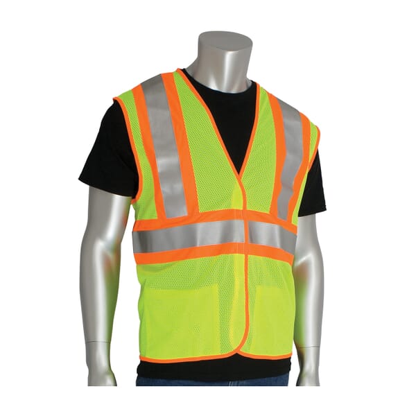 PIP 2-Tone FR Treated Safety Vest, Hi-Viz Lime Yellow, Polyester, Hook and Loop Closure, 2 Pockets, ANSI Class: Class 2, ANSIpecified