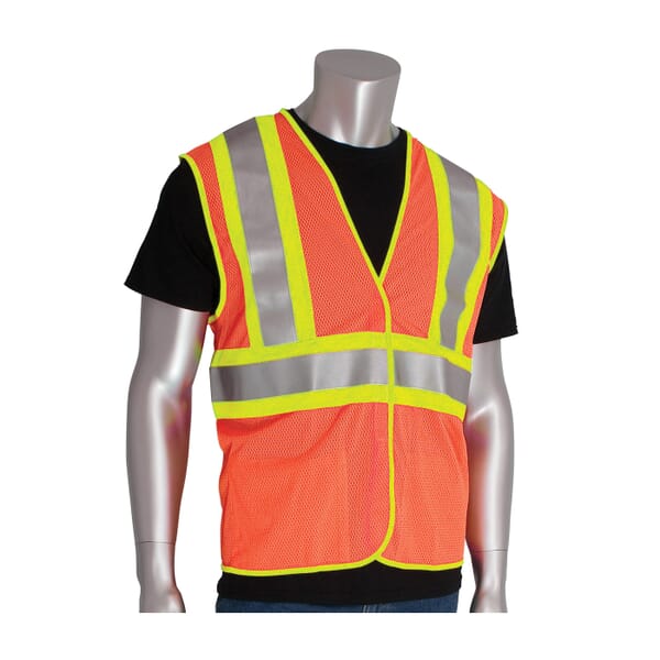 PIP 2-Tone FR Treated Safety Vest, Hi-Viz Orange, Polyester, Hook and Loop Closure, 2 Pockets, ANSI Class: Class 2, ANSIpecified