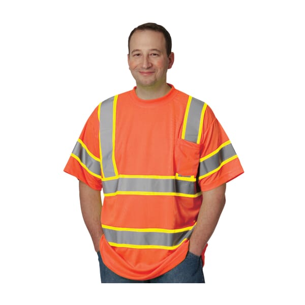 PIP 313-CNTSPOR-3X 2-Tone Short Sleeve Crew Neck T-Shirt, 3XL, Hi-Viz Orange, 33-1/2 in L, Birds Eye Polyester