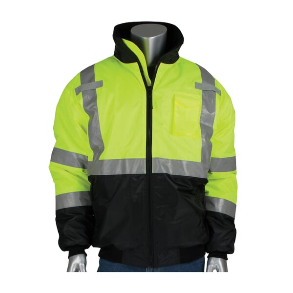 PIP 333-1740-LY/M Bomber Jacket, Black/Hi-Viz Lime Yellow, Polyester, 54 in Chest, Resists: Water, ANSI Type R Class 3