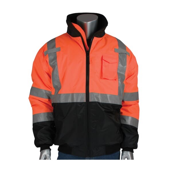 PIP 333-1740-OR/L Bomber Jacket, Black/Hi-Viz Orange, Polyester, 56 in Chest, Resists: Water, ANSI Type R Class 3