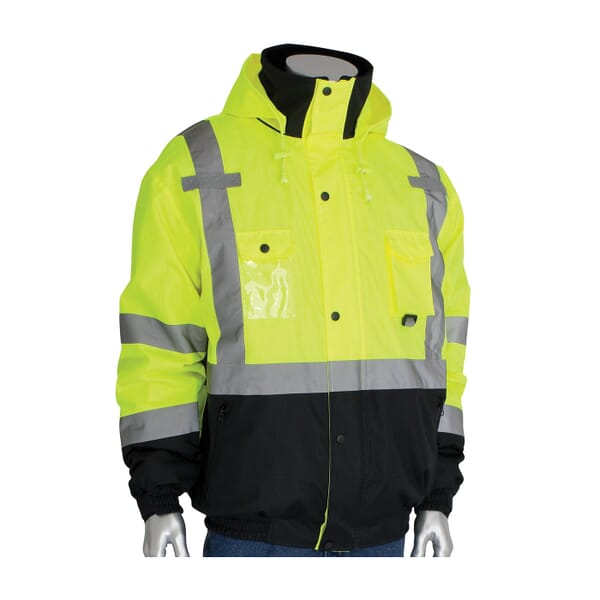 PIP 333-1770-LY/4X Bomber Jacket With Zip-Out Fleece Liner, Hi-Viz Lime Yellow, Polyester, 70 in Chest, Resists: Water, Specifications Met: ANSI 107 Class 3 Type R