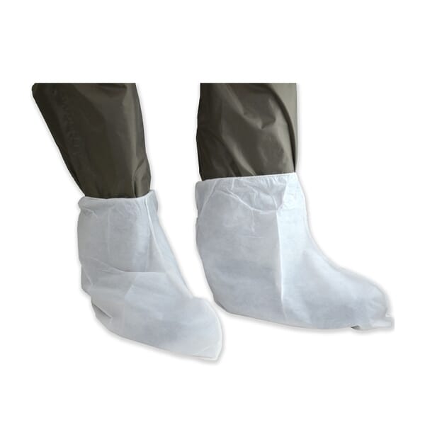 PIP 3764 Boot Cover, ASTM 1670, 29 CFR 1910.138, L to XL Fits Shoe, White, Elastic Closure, Polyethylene/Spunbond Polypropylene Outsole, Resists: Grease, Oil and Splash