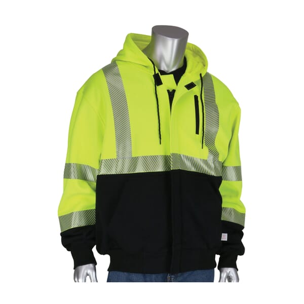PIP 385-1370FR-LY/M 385-1370FR Arc and Flame Resistant Hooded Sweatshirt With Black Bottom, Unisex, M, Hi-Viz Yellow/Black, 60% Modacrylic/40% Cotton, 29 in L