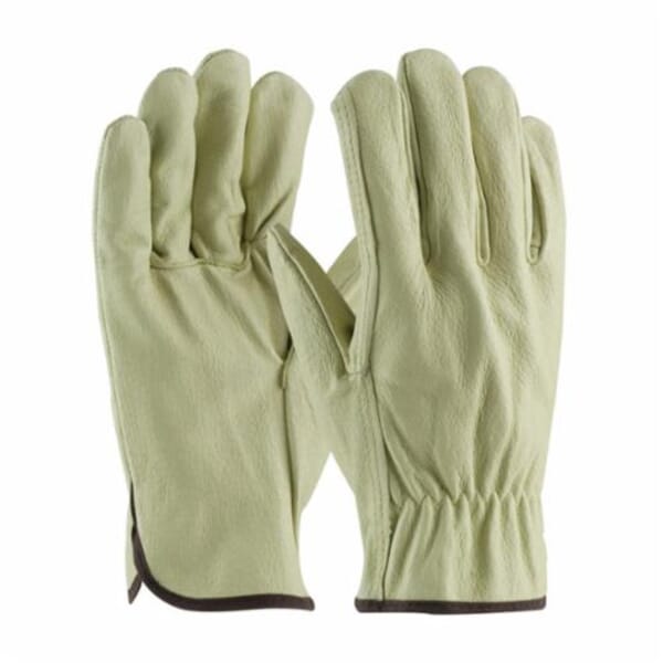 PIP 70-301/L 70-301 Economy Grade General Purpose Gloves, Driver, Straight Thumb Style, Top Grain Pigskin Leather Palm, Natural, Slip-On Cuff, Uncoated Coating, Resists: Moisture, Unlined Lining