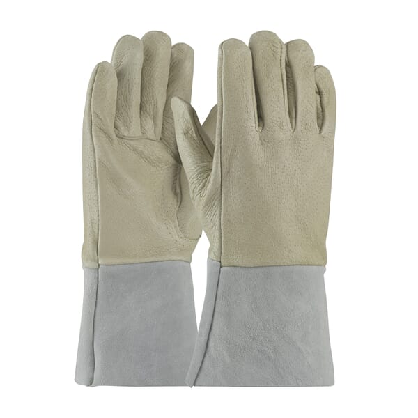 PIP 75-320/M/RHO 75-320 Mens TIG Welding Gloves, M, Top Grain Pig Skin Leather/Cowhide Split Leather/Kevlar Stitching, Beige/Gray, Unlined Lining, Gauntlet Cuff, 11-1/2 in L, 1.1 mm THK Glove Material