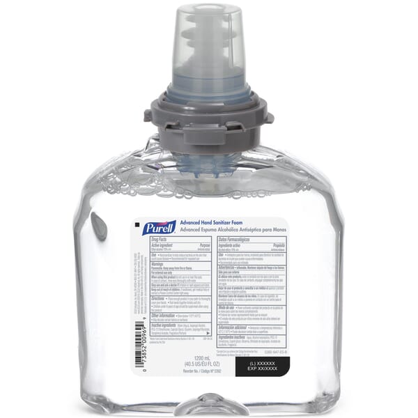 PURELL 5392-02 TFX Hand Sanitizer, 1200 mL Nominal, Dispenser Refill Package, Foam Form, Fruity/Odorless Odor/Scent, Clear/Colorless/Yellow