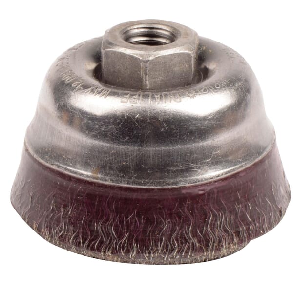 Polyflex 35406 Encapsulated Cup Brush, 3-1/2 in Dia Brush, 5/8-11 UNC Arbor Hole, 0.014 in Dia Filament/Wire, Crimped, Steel Fill