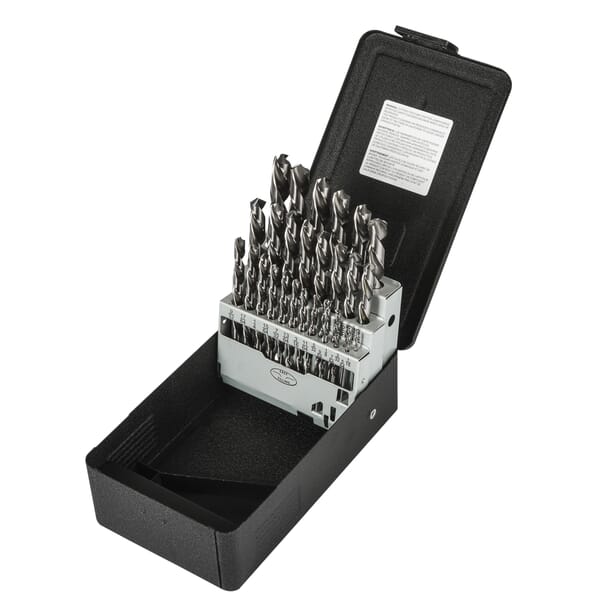 Precision Twist Drill 5995612 C29L10 General Purpose Jobber Length Drill Set, 1/16 in Min Drill Bit, 1/2 in Max Drill Bit, 118 deg Drill Point Angle, 29 Pieces, HSS, Bright