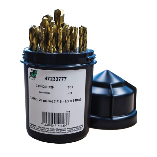 Precision Twist Drill 7233777 333HD Heavy Duty Jobber Length Drill Set, 1/16 in Min Drill Bit, 1/2 in Max Drill Bit, 135 deg Drill Point Angle, 29 Pieces, HSS, TiN Coated