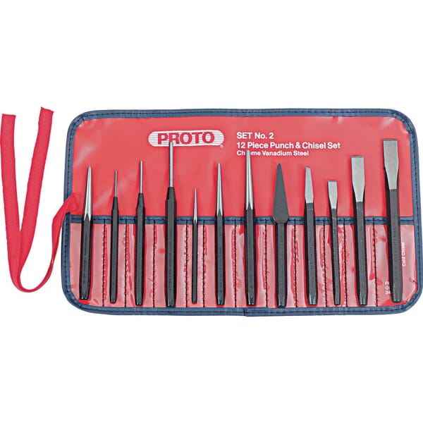 Proto J2 Punch and Chisel Set, Cape/Center/Cold/Diamond Point/Pin/Starting Style, 3/16 to 1/2 in Chisel, 1/16 to 3/8 in Punch, 7 Punches, 5 Chisels, 12 Pieces