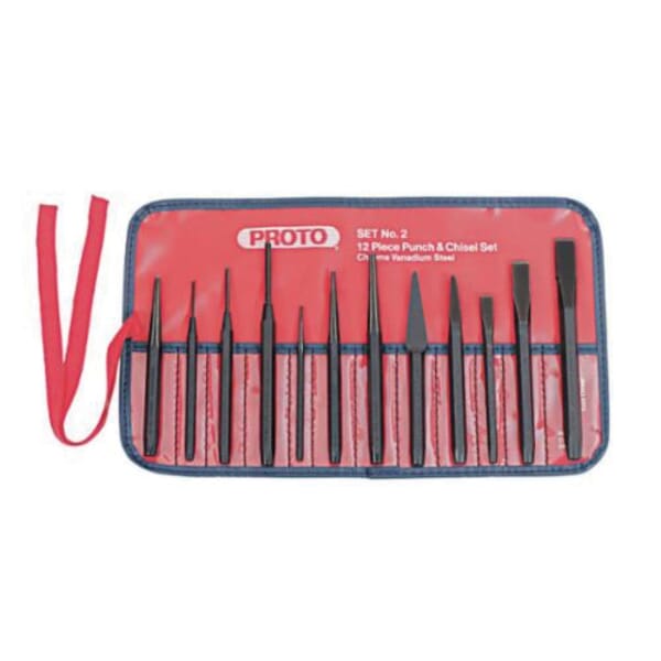 Proto J2S2 Punch and Chisel Set, Cape/Center/Cold/Diamond Point/Pin/Starting Style, 3/16 to 1/2 in Chisel, 1/16 to 3/8 in Punch, 7 Punches, 5 Chisels, 12 Pieces