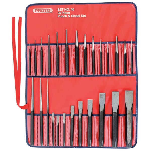 Proto J46S2 Punch and Chisel Set, Center/Cold/Drift/Pin/Prick/Starting Style, 1/4 to 1-3/16 in Chisel, 3/32 to 1/2 in Punch, 17 Punches, 9 Chisels, 26 Pieces