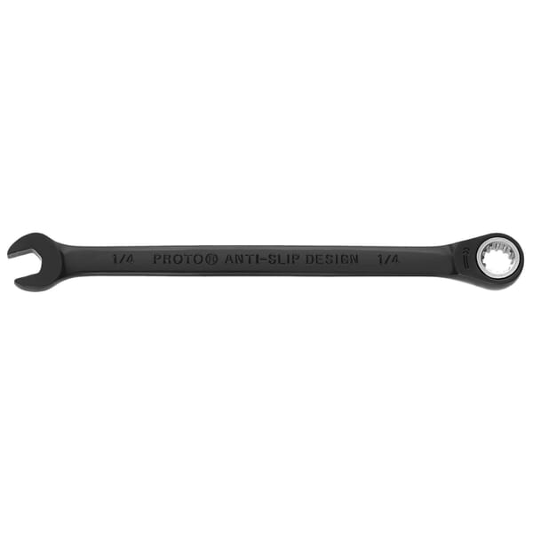 Proto JSCR08 Non-Reversible Combination Wrench, Imperial, 1/4 in, 12 Points, 15 deg Offset, 5 in OAL, Chrome Vanadium Steel, Polished Chrome/Black, ASME Specified