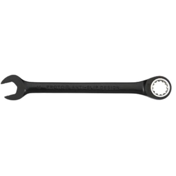 Proto JSCRM14 Non-Reversible Combination Wrench, Metric, 14 mm, 12 Points, 15 deg Offset, 7-1/2 in OAL, Chrome Vanadium Steel, Polished Chrome/Black, ASME Specified