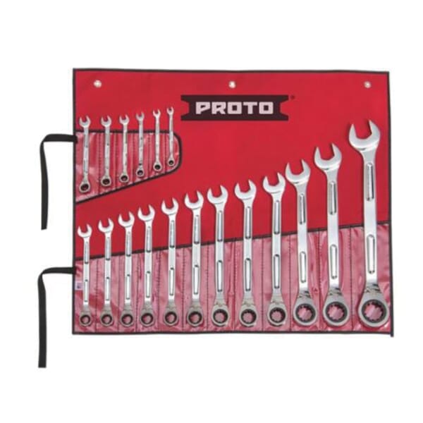 Proto JSCV-18SA Ratcheting Reversible Combination Wrench Set, Imperial, 18 Pieces, 1/4 to 1-1/4 in, Full Polished