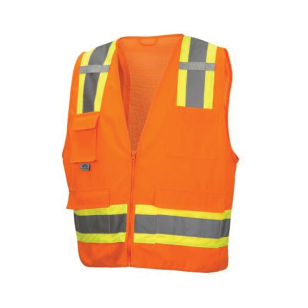 Pyramex Lightweight Safety Vest, Hi-Viz Orange, 120 gsm Solid Polyester Front/105 gsm Polyester Mesh Back, Zipper Closure, 8 Pockets, ANSI Class: Class 2, Specifications Met: ANSI/ISEA 107-2015 Type R, CSA Z96-15