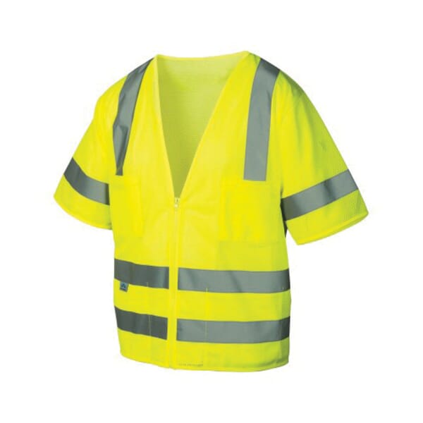 Pyramex Lightweight Safety Vest, Hi-Viz Lime, 105 gsm Polyester Mesh, Zipper Closure, 7 Pockets, ANSI Class: Class 3, Specifications Met: ANSI/ISEA 107-2015 Type R