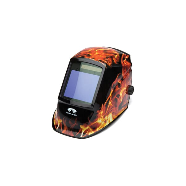 Pyramex WHAM3030FL Decorated Auto Darkening Helmet, IR 4 to 13 Lens Shade, Flame, 3.858 x 3.425 in Viewing Area, Nylon, Manual Lens Control, Specifications Met: ANSI Z87.1-2015, CAN/CSA Z94.3-07 Class 3