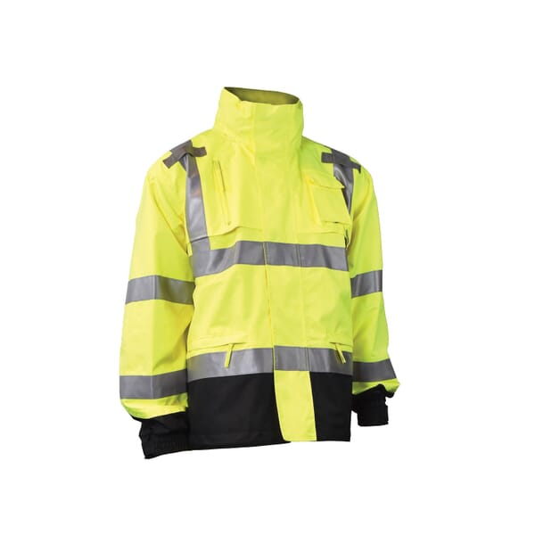 RADWEAR Heavy Duty Rain Jacket, Green, 300D Polyurethane Coated Ripstop Oxford Polyester, Resists: Water, ASTME96-05, ANSI/ISEA 107-2010 Class 3, Attached Hood