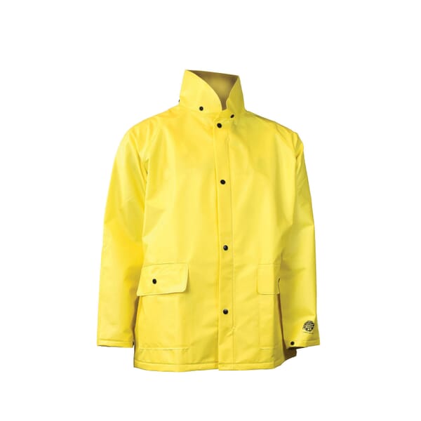 Radians DRIRAD28 Rain Jacket, Yellow, 0.28 mm Polyester/PVC, Resists: Chemical and Water, ASTM D6413, Detachable Hood