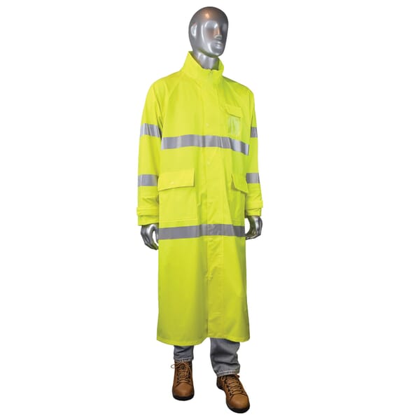Radians Rain Coat, Hi-Viz Yellow/Lime, 0.35 mm Polyester/PVC, Resists: Water, ANSI/ISEA 107-2015 Class 3, SE D6413, Detachable Hood