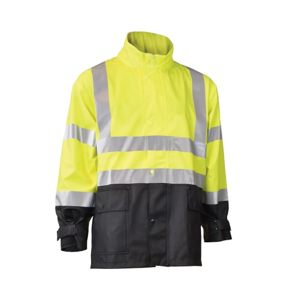 Radians Rain Jacket, Black/Hi-Viz Yellow/Lime, 0.35 mm Polyester/PVC, Resists: Water, ANSI/ISEA 107-2015 Class 3, SE D6413, Detachable Hood